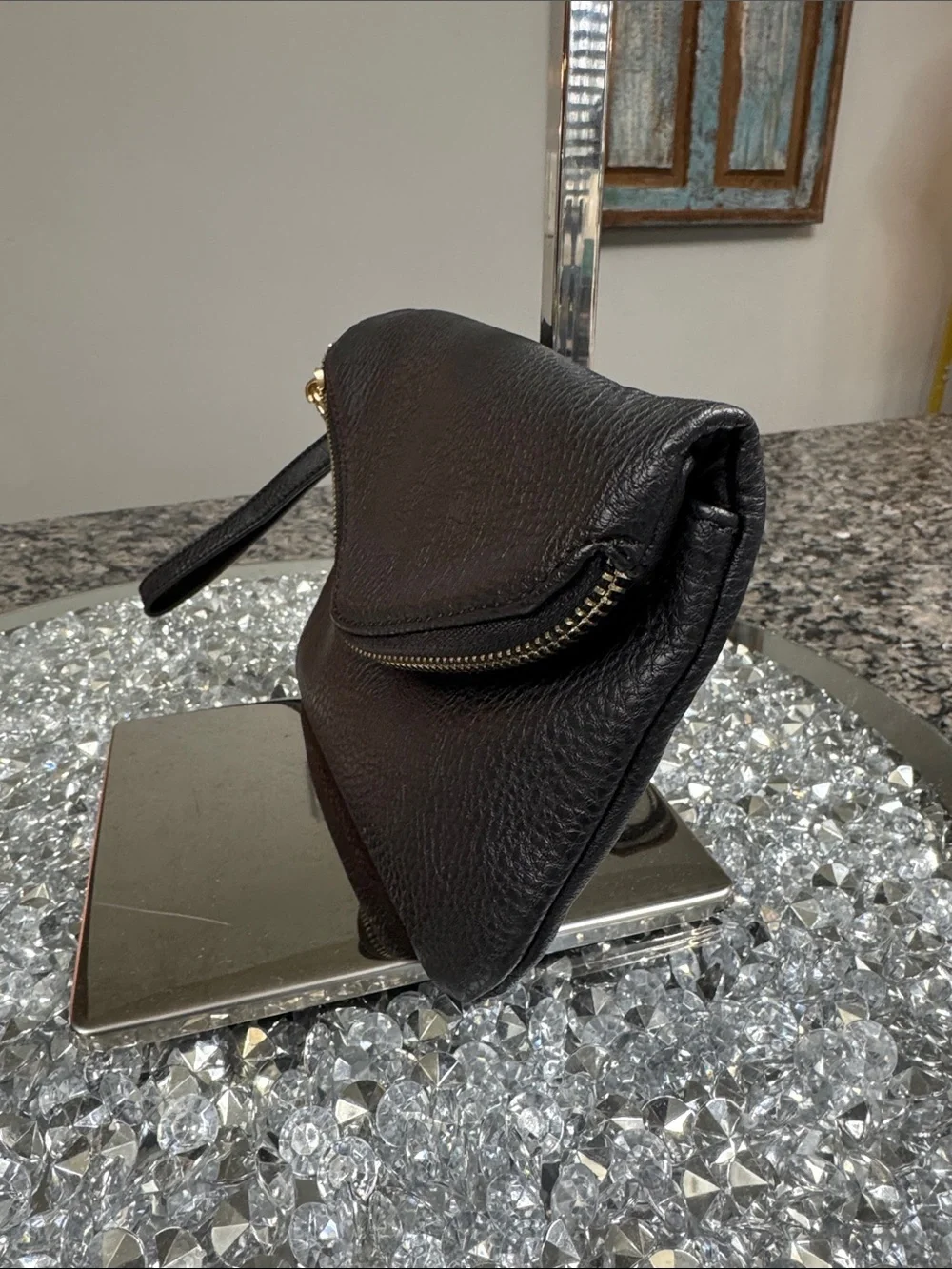 Urban Expressions Black Leather Wristlet Clutch with Gold Hardware EUC
